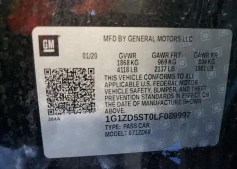 2020 Chevrolet Malibu Lt из США, поврежденный, VIN 1G1ZD5ST0LF089997